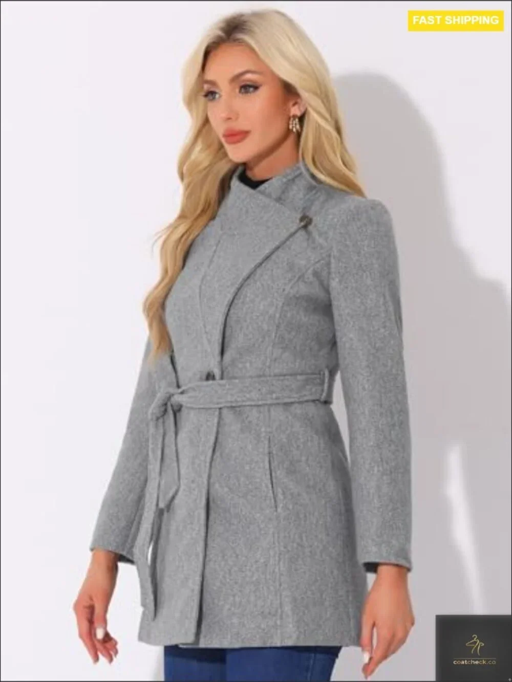 Classic Stand Collar Pea Coat Long Sleeve Winter Belted Overcoat Lined Trench
